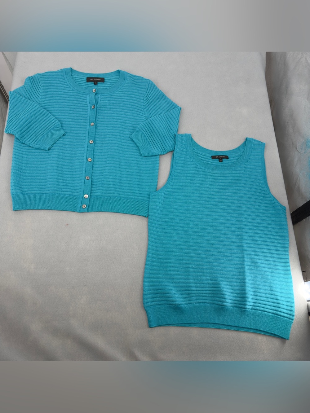 St. John Aqua 2 Piece Set Button Down Cardigan and Shell Top Small